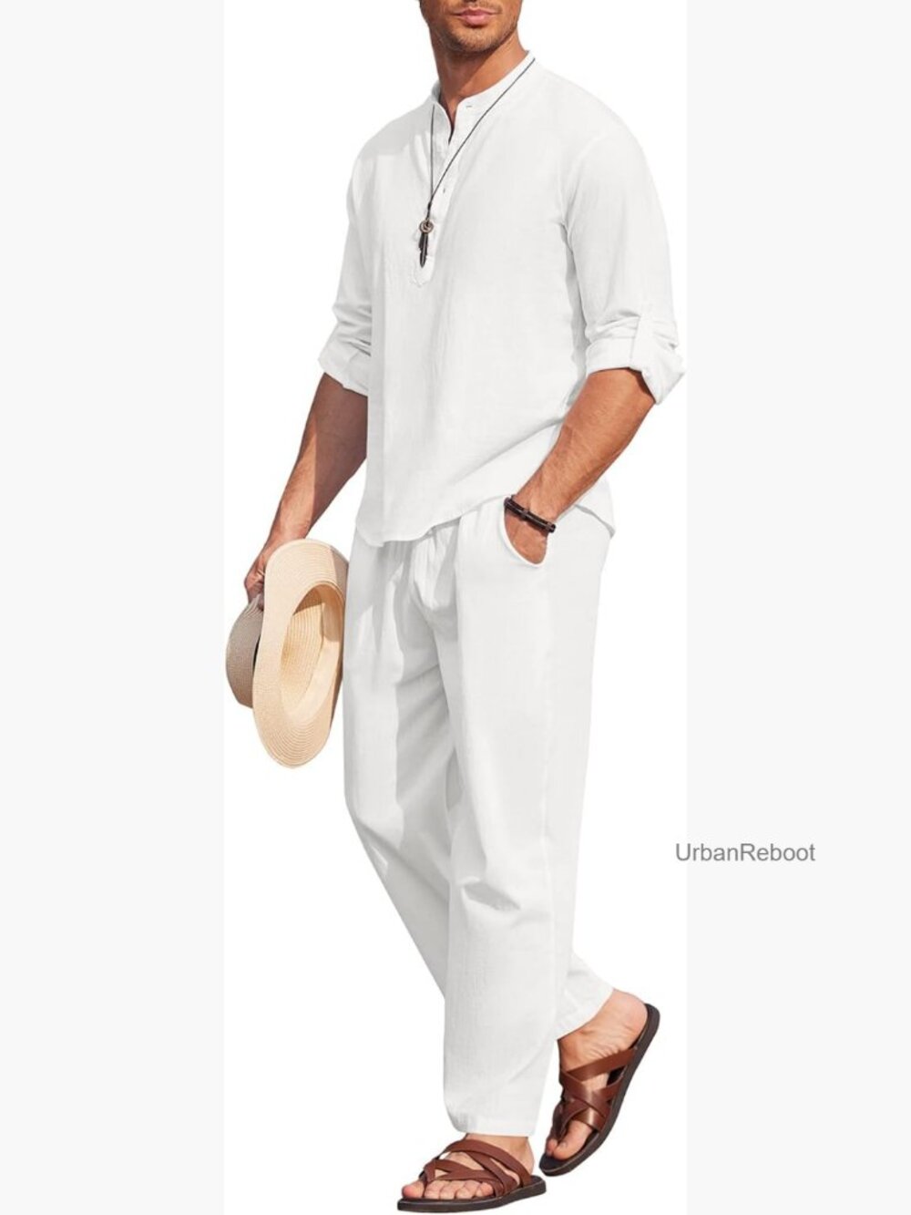 Men's 2 Piece Cotton Linen Set Long Sleeve Henley Shirts and Pants Summer